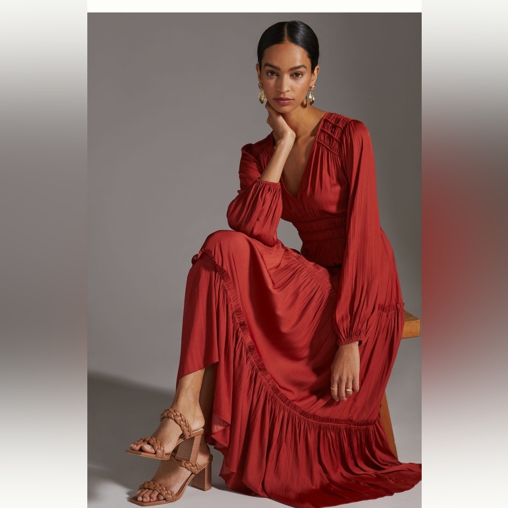 Anthropologie V-neck tiered maxi dress in light red XSP